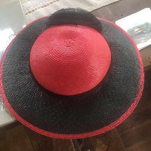 Vintage Girls Straw Hat Red Black Veil Bow main image 6